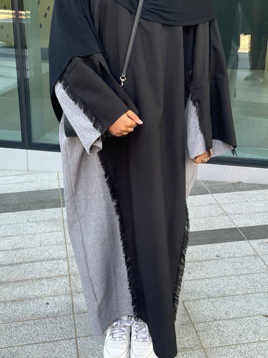 Black/Grey Linen Two Toned Frayed Abaya (new material)